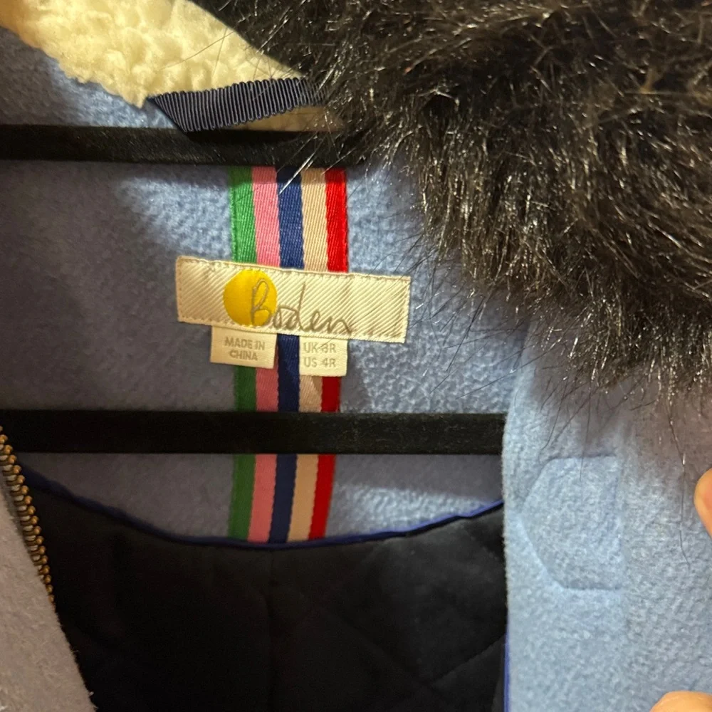 Boden Women's Blue Toggle Coat with Black Fur Trim - Picture 6 of 7